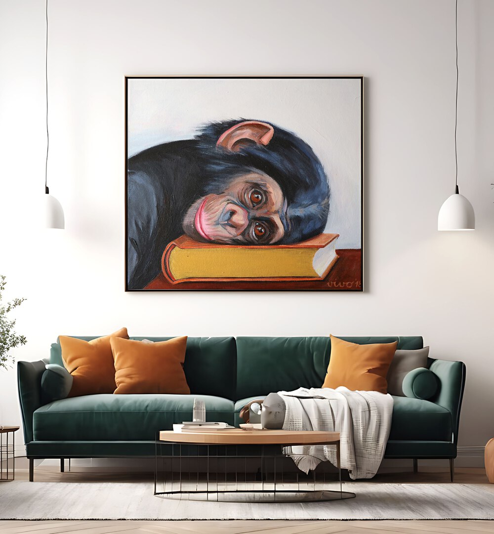 Resting monkey head on a book, comic posters create a whimsical touch for your home decor and comic art collection.