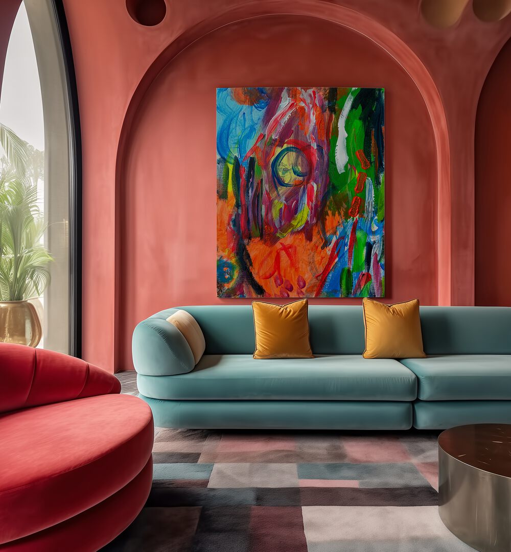 Vibrant CATCHING UP, ABSTRACT PAINTINGS enhances modern decor, adding color and intrigue to any space.