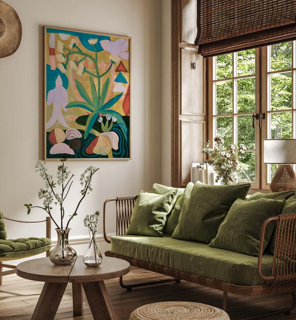 Vibrant living room featuring TROPICAL CELEBRATION, FLORAL FLOWER PAINTINGS by Eleanor Baker, enhancing home beauty.