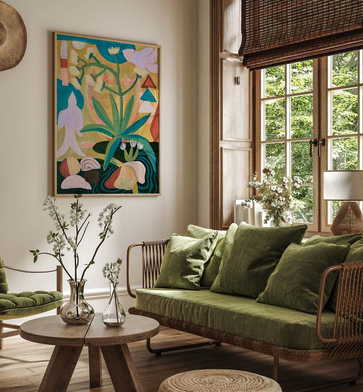 Vibrant living room featuring TROPICAL CELEBRATION, FLORAL FLOWER PAINTINGS by Eleanor Baker, enhancing home beauty.