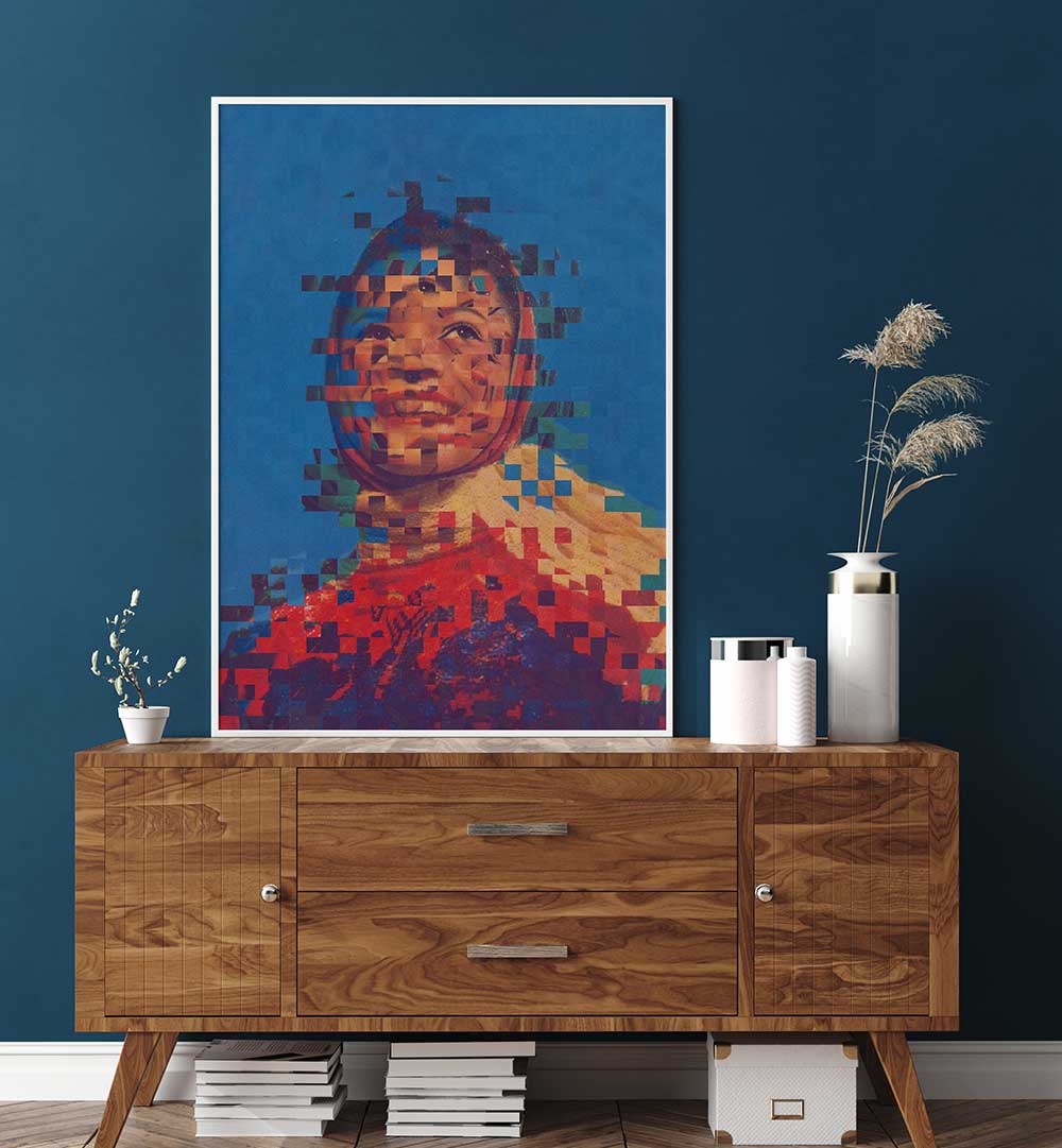 Colorful display of THE ONE, SURREAL ART PRINTS on a stylish wooden cabinet, enhancing modern interior decor.