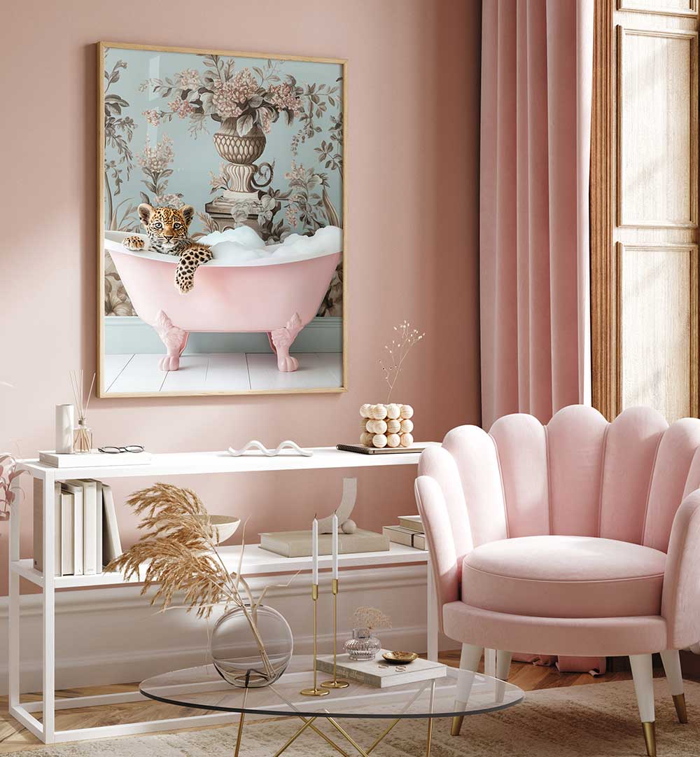 LEOPARD’S PINK BUBBLE BATH , BATHROOM ART PRINTS