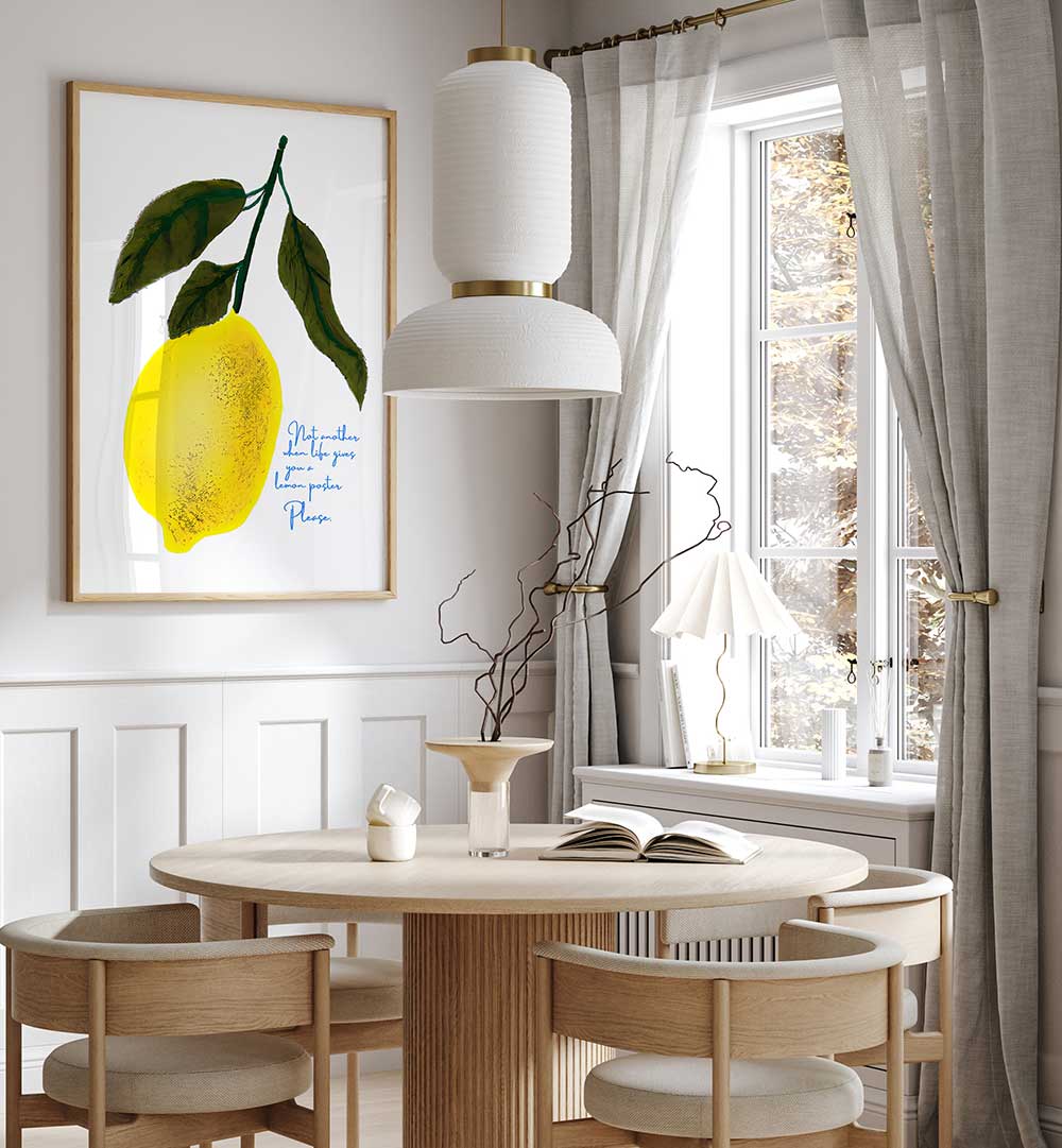 NOT ANTOHER LEMON , KITCHEN POSTERS featuring bold yellow lemon art add playful charm to a modern dining space.