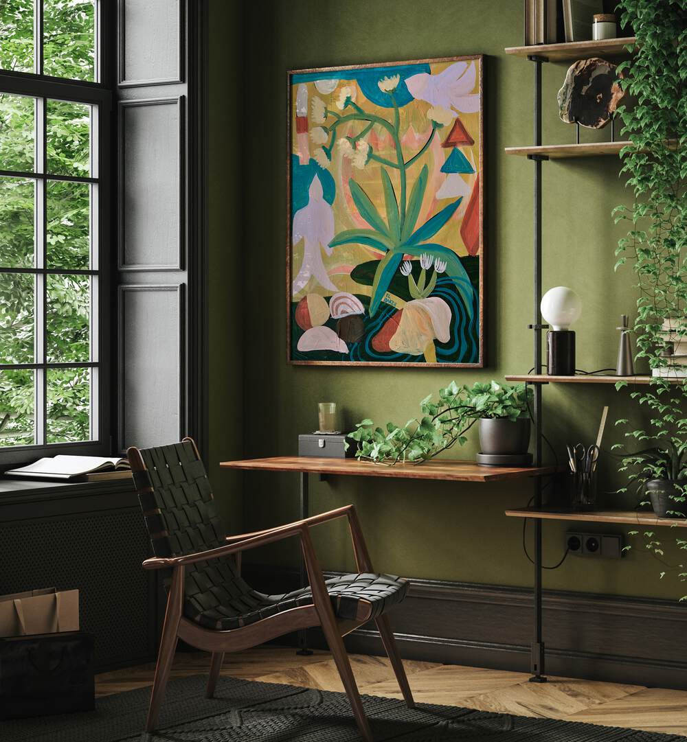 Vibrant TROPICAL CELEBRATION, FLORAL FLOWER PAINTINGS adorn a stylish room, enhancing natural beauty and decor.