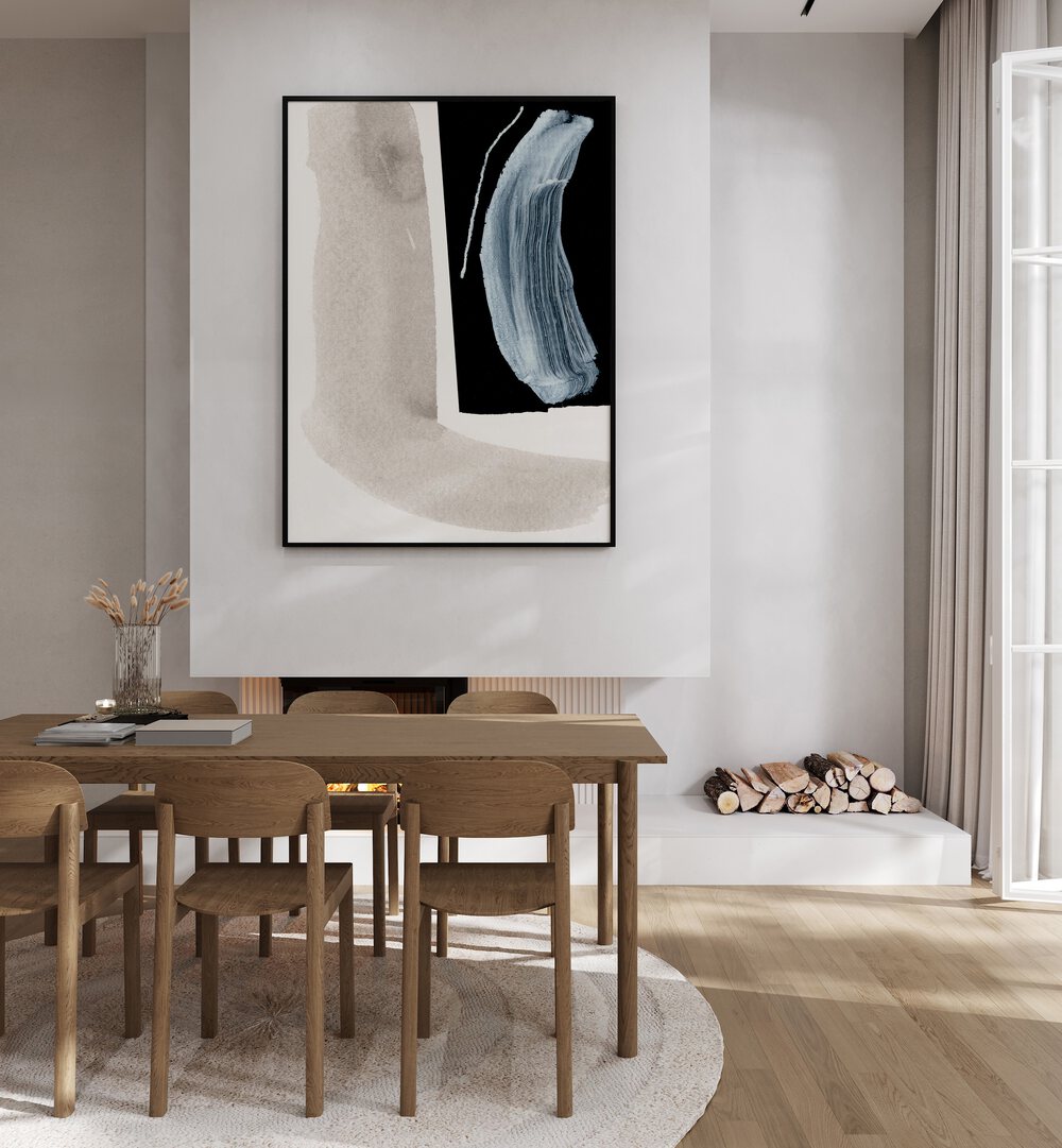 Stunning ADJACENT, ABSTRACT PAINTINGS showcased in a modern dining room, adding elegance and artistic flair.