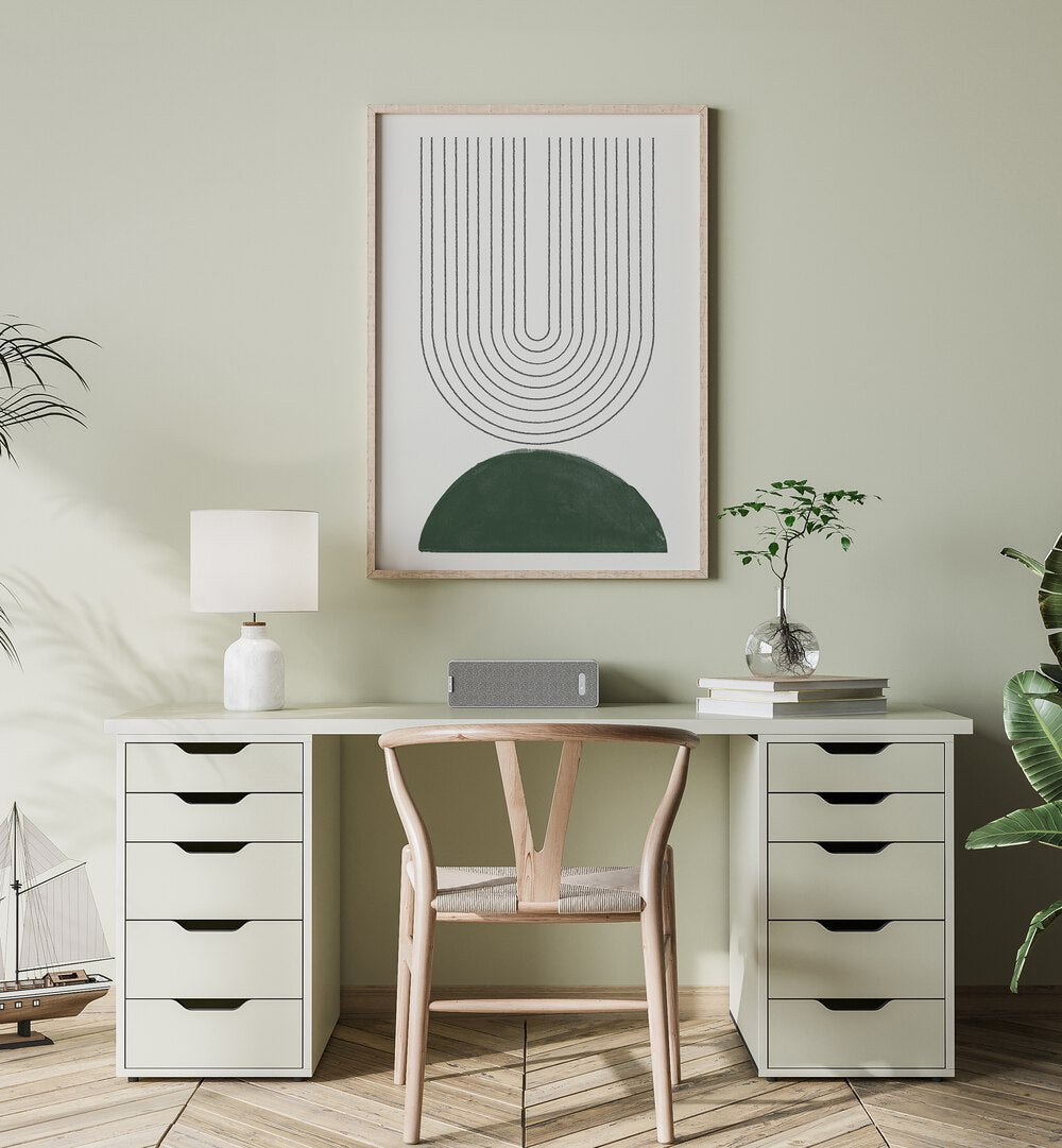 Stylish workspace featuring GREEN MODERN NO.5, GEOMETRIC ART PRINTS, enhancing contemporary home decor.