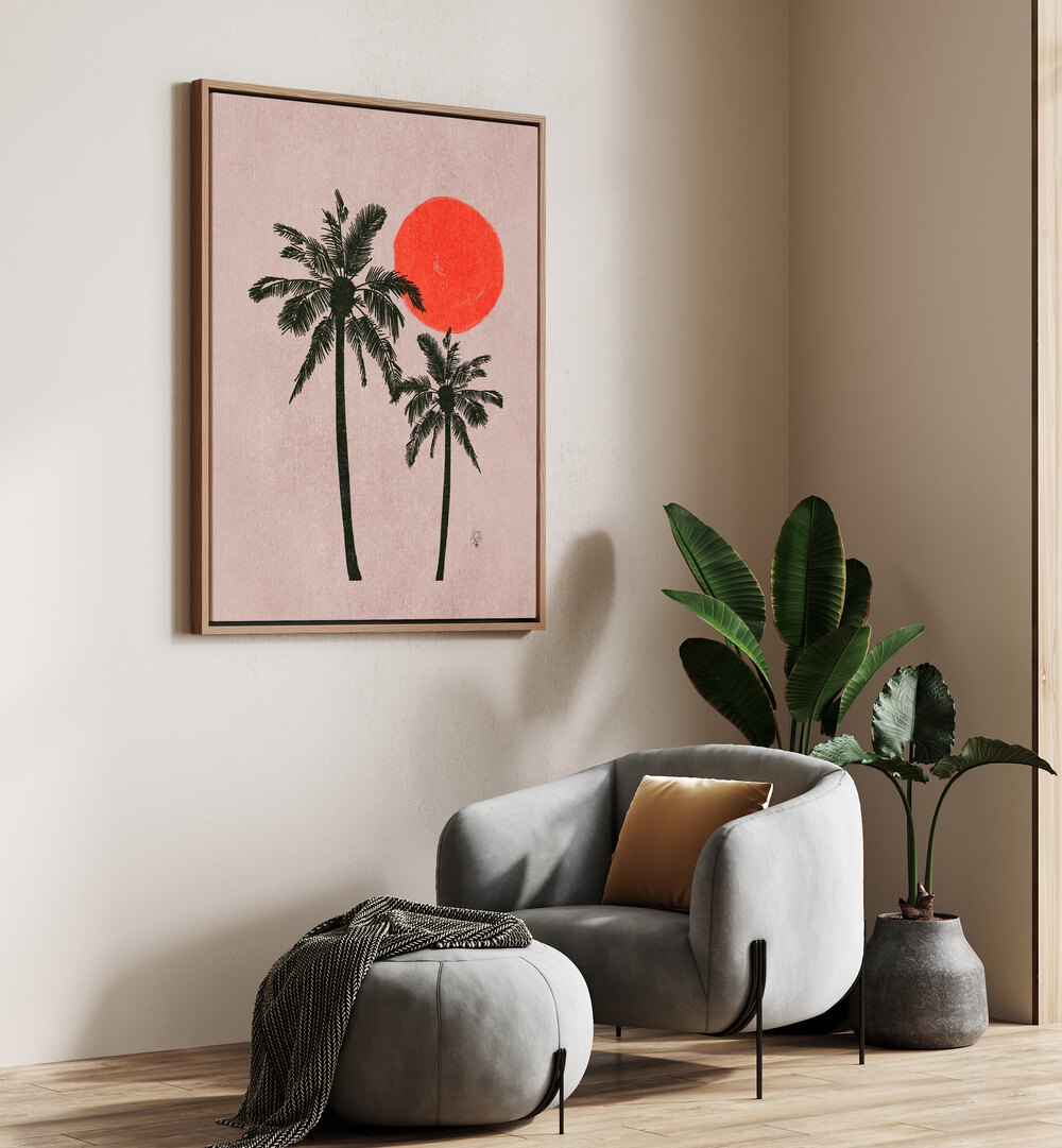 Stylish interior featuring PALM TREES PINK MOON, LANDSCAPE PAINTINGS, adding elegance to the modern decor.