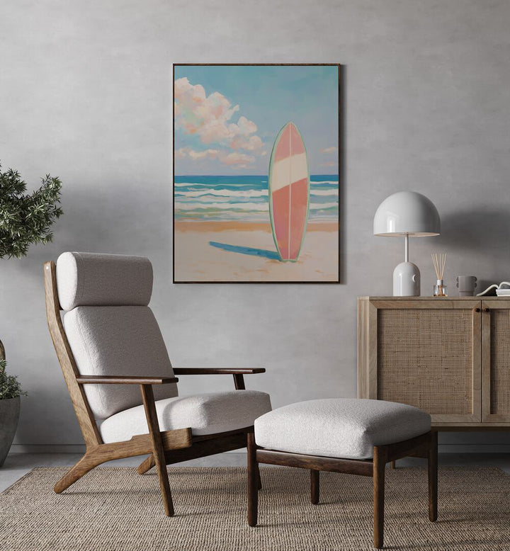 Stylish room featuring a SEA BEACH SURFBOARD painting, perfect for beach lovers and surf enthusiasts.
