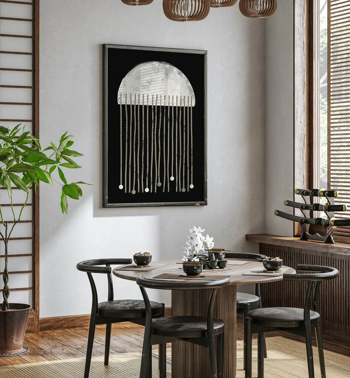 Stylish dining room featuring MIDNIGHT WHISPERS ABSTRACTION, GEOMETRIC ART PRINTS that elevate your decor beautifully.
