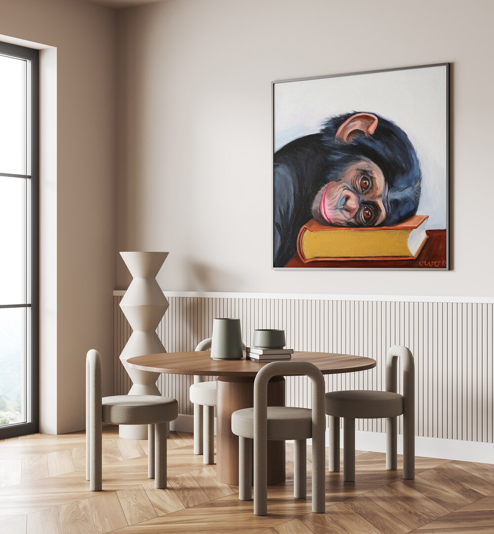 Resting monkey head on a book, comic posters add vibrant charm to your space, perfect for comic art enthusiasts.