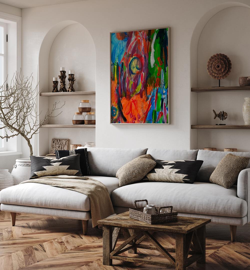 Vibrant “CATCHING UP, ABSTRACT PAINTINGS” enhances any space with its dynamic colors and captivating design.