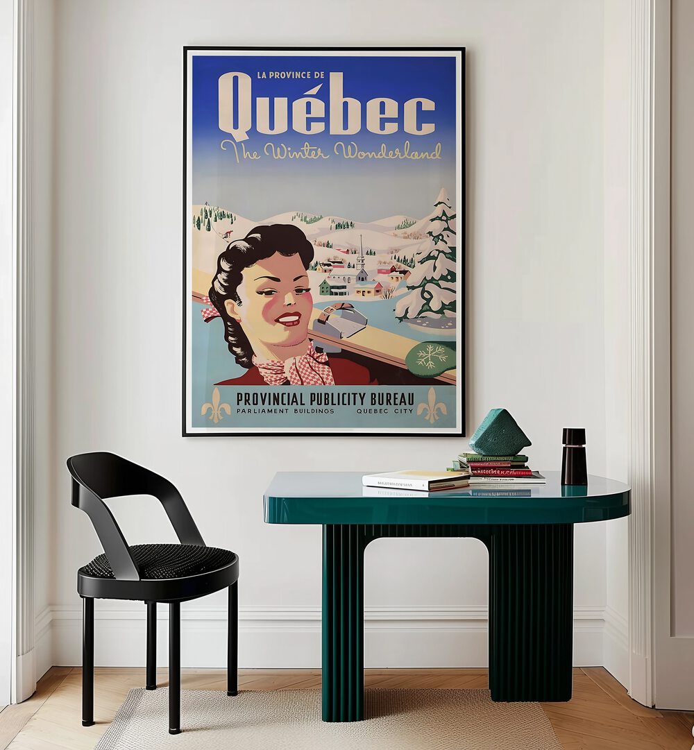 Transform your space with QUEBEC I, VINTAGE TRAVEL POSTERS, capturing the charm of Quebec's winter landscapes.