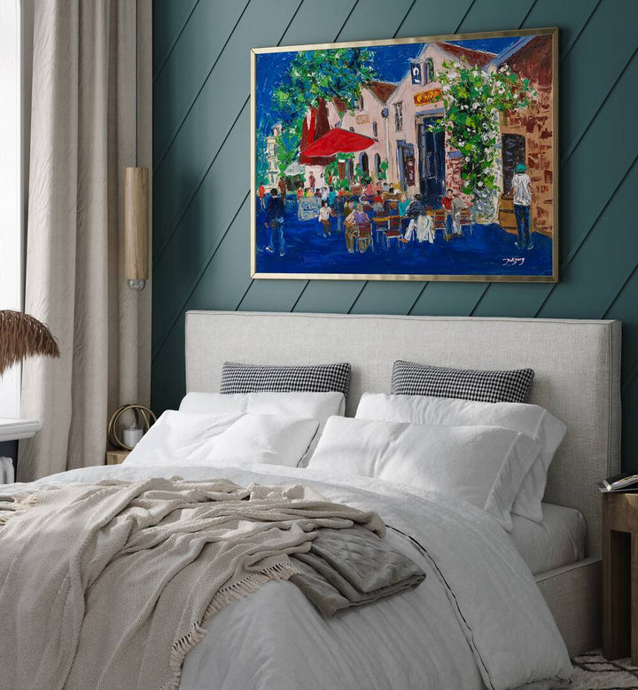 Vibrant HOLIDAY, BAR & CAFE ART decorates a cozy bedroom, enhancing relaxation and style. Perfect for any space!