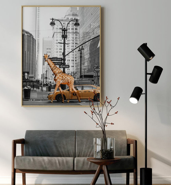 Brighten your space with the MORNING WALK, ANIMAL PAINTINGS, featuring a whimsical giraffe on a city street.