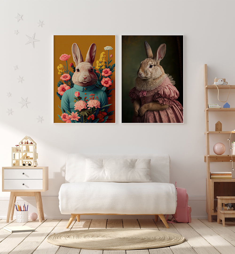 BUNNY GET TOGETHER , SET OF 2 PAINTINGS