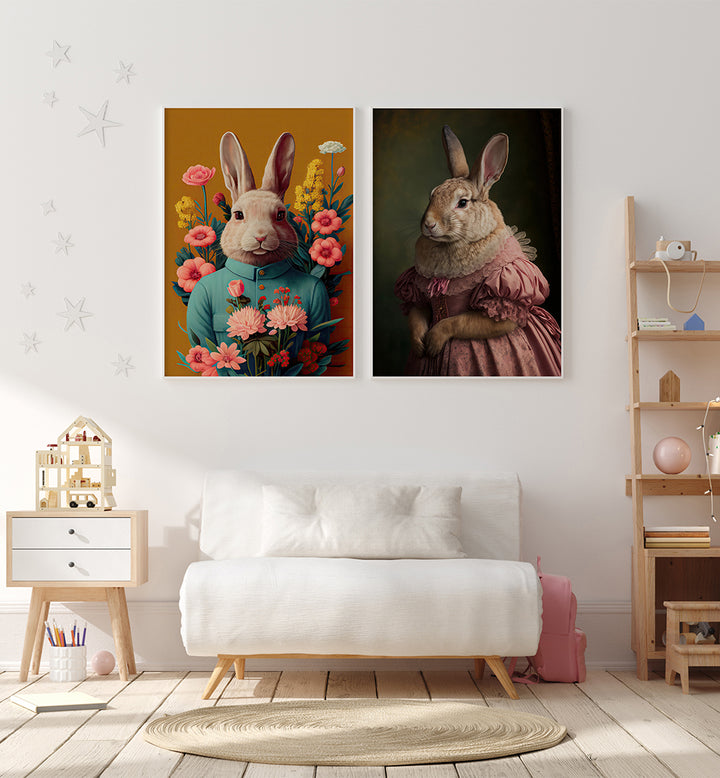 BUNNY GET TOGETHER , SET OF 2 PAINTINGS