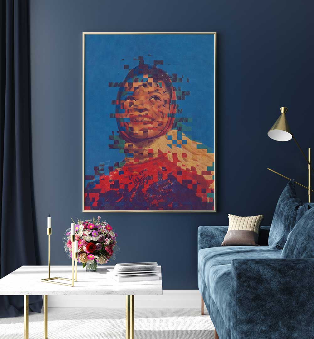 Vibrant interior featuring THE ONE, SURREAL ART PRINTS in a stylish frame, enhancing modern decor aesthetics.