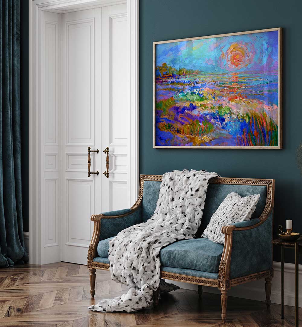 Framed VIVID HORIZON GLOW , LANDSCAPE PAINTINGS vibrant sunrise coastal meadow above teal settee in elegant living room