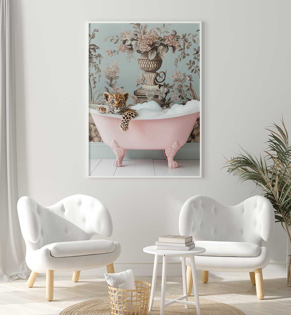 LEOPARD’S PINK BUBBLE BATH , BATHROOM ART PRINTS