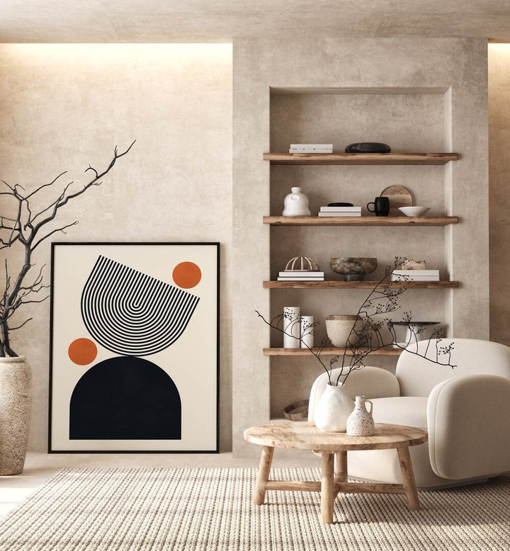 Stylish living room featuring CIRCLES AND LINES V, BOHO ART PAINTINGS, enhancing the creative atmosphere.