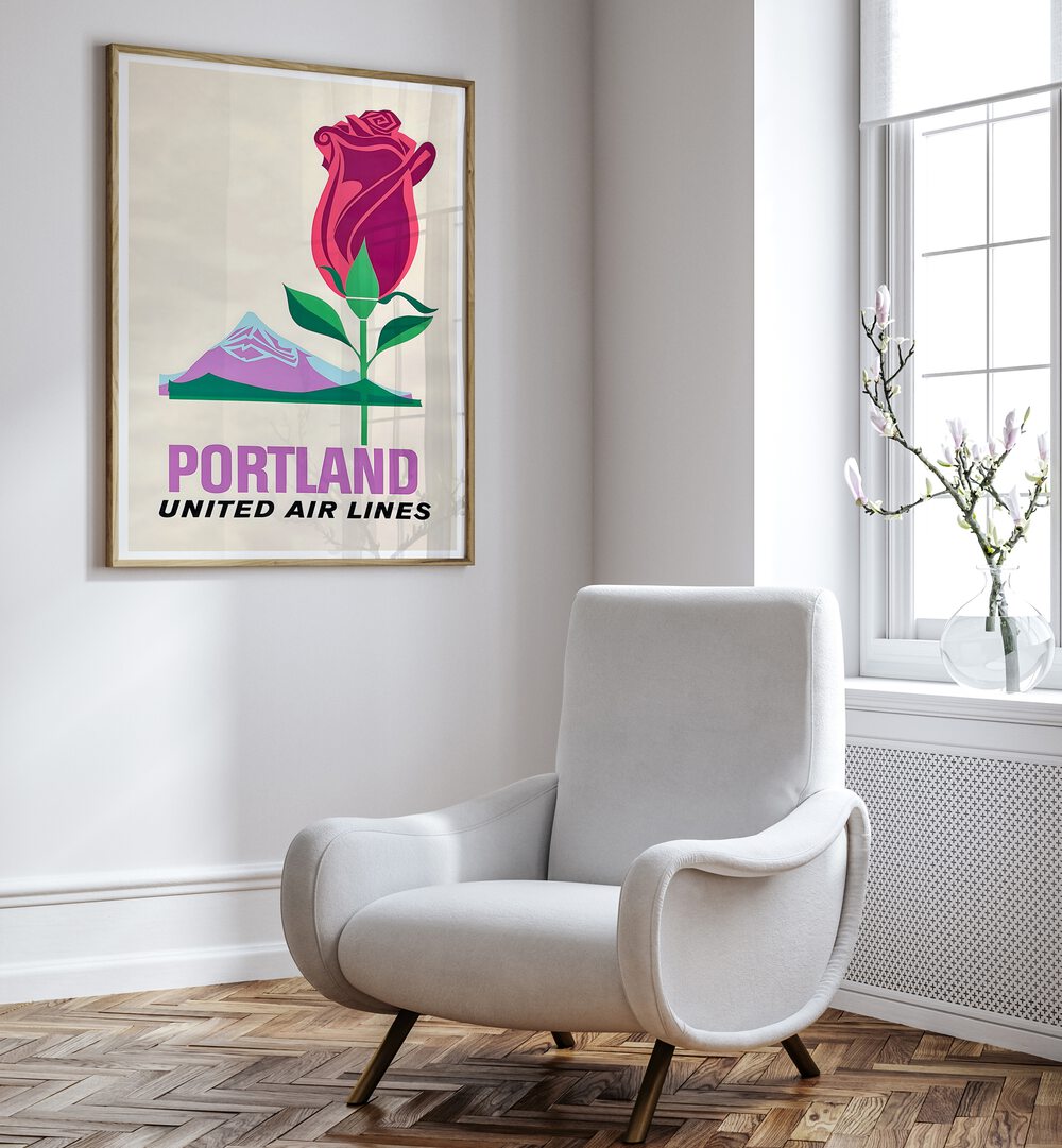 Colorful PORTLAND UNITED AIR LINES, VINTAGE TRAVEL POSTERS featuring a rose and mountain, perfect for travel enthusiasts.