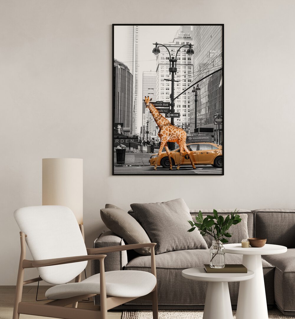 Giraffe crossing a busy street in MORNING WALK, ANIMAL PAINTINGS, blending urban life with whimsical art.