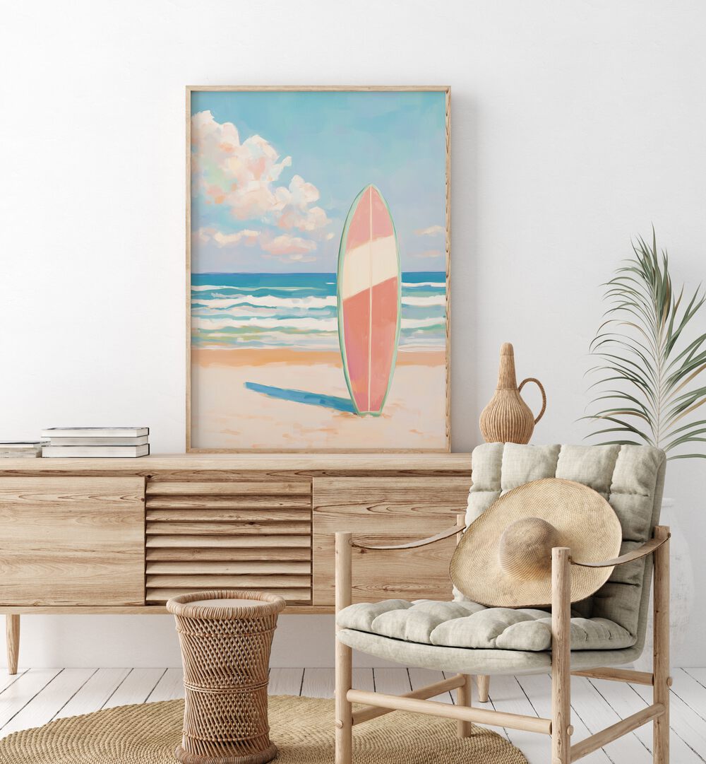 Colorful beach painting featuring a SEA BEACH SURFBOARD, perfect for adding a coastal vibe to your home decor.