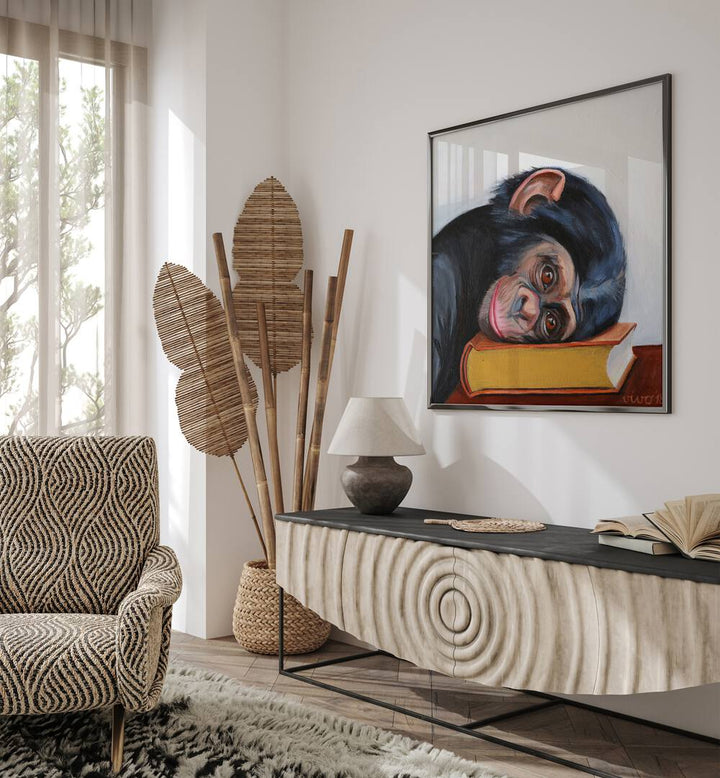 Resting Monkey Head on a Book, Comic Posters adds whimsical charm to your decor, perfect for comic enthusiasts.