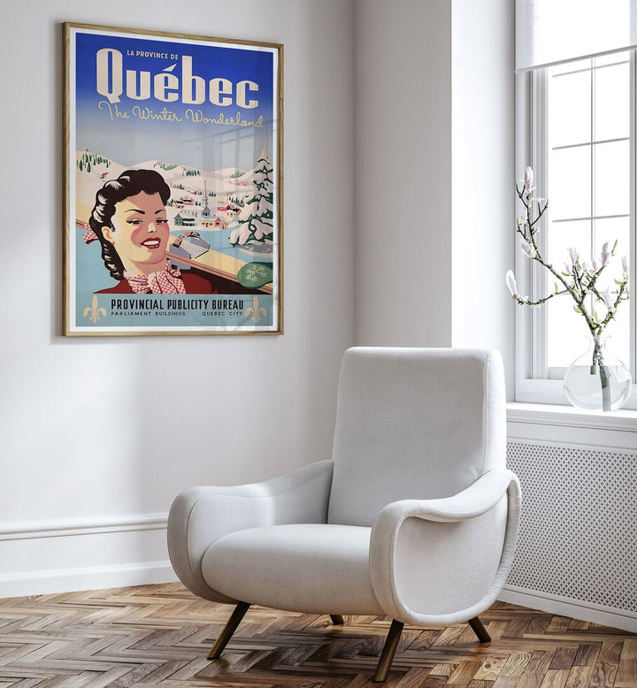 Decorate your home with QUEBEC I, VINTAGE TRAVEL POSTERS, showcasing Quebec's charm and history in stunning design.