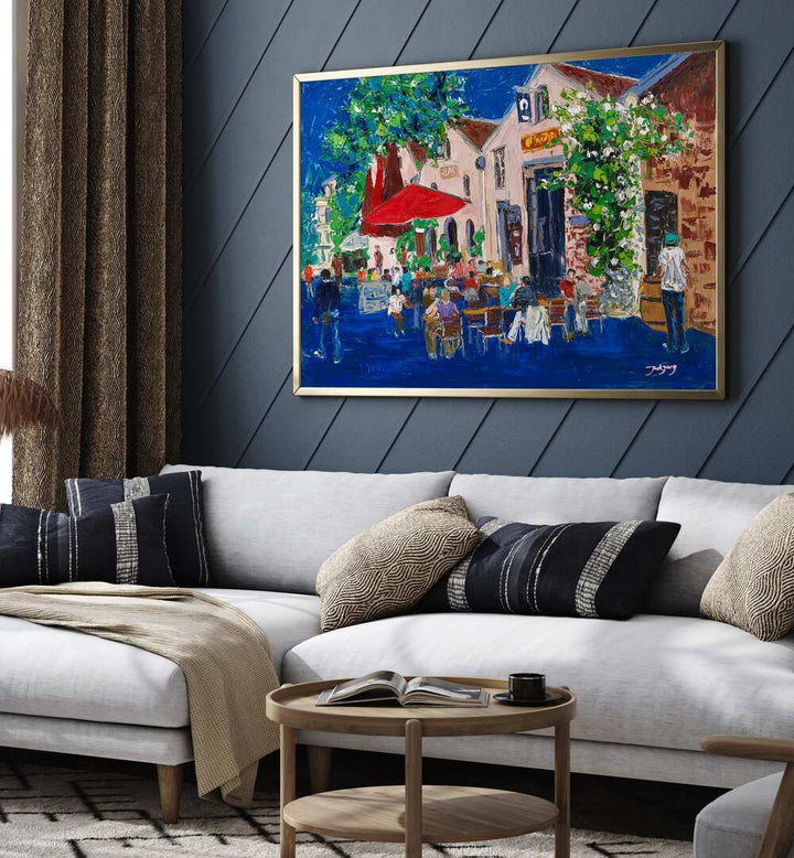 Vibrant HOLIDAY, BAR & CAFE ART decorates a stylish living room, enhancing the cozy atmosphere with lively scenes.