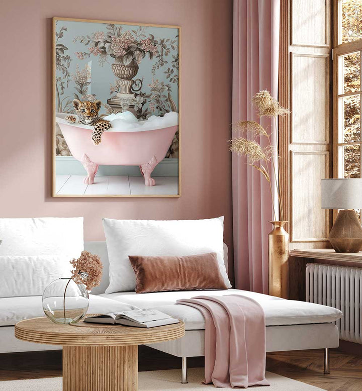 LEOPARD’S PINK BUBBLE BATH , BATHROOM ART PRINTS