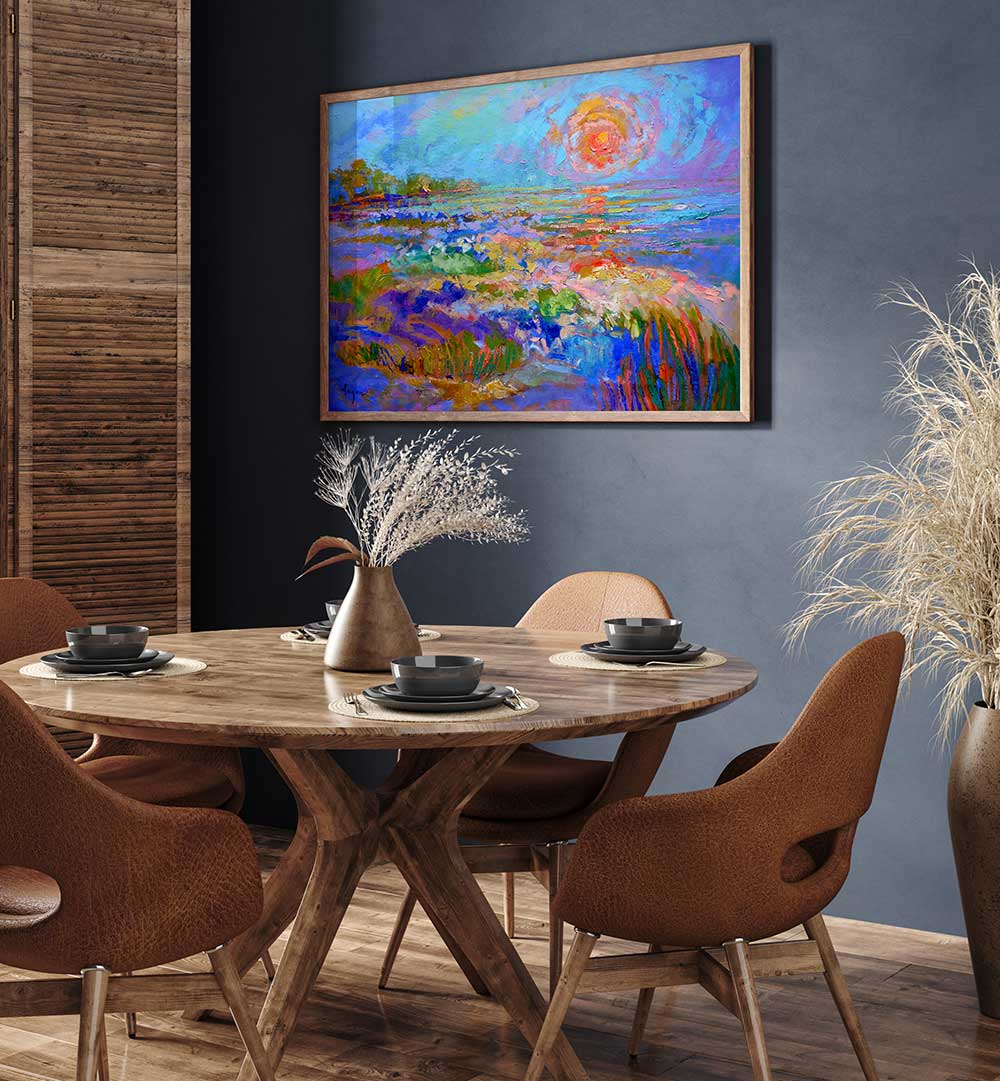 VIVID HORIZON GLOW , LANDSCAPE PAINTINGS vibrant framed sunrise landscape above dining table in modern rustic interior