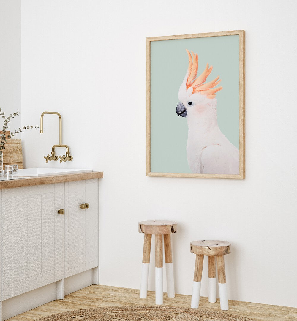 Elegant COCKATOO ON MINT, ANIMAL PAINTINGS showcasing a cockatoo against a soft mint backdrop, perfect for any decor.