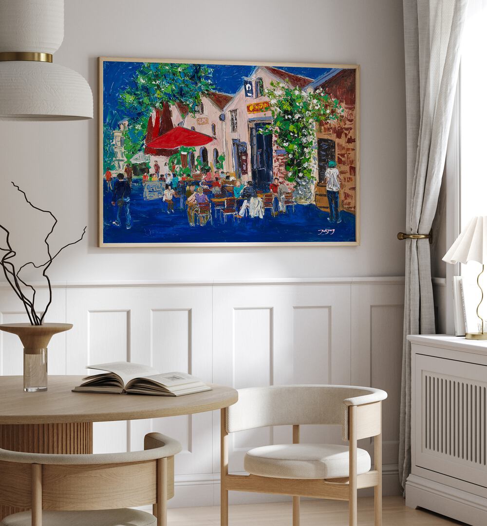 Colorful holiday bar scene art captures lively cafe atmosphere, perfect for adding charm to any space.