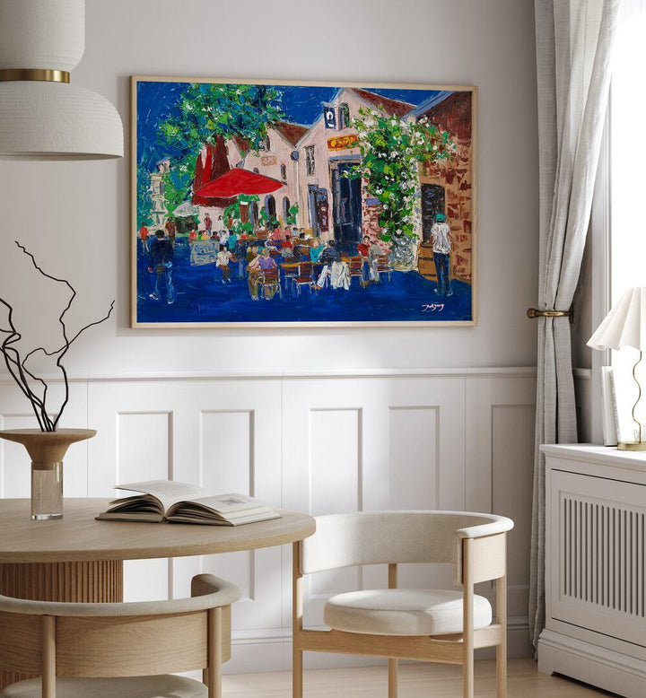 Colorful holiday bar scene art captures lively cafe atmosphere, perfect for adding charm to any space.
