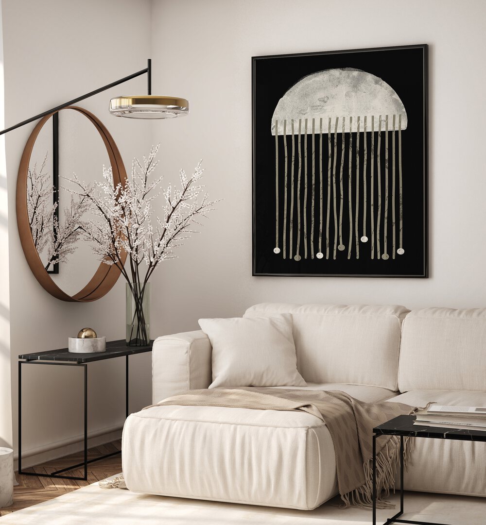 Stylish living room featuring MIDNIGHT WHISPERS ABSTRACTION, GEOMETRIC ART PRINTS enhancing modern decor.