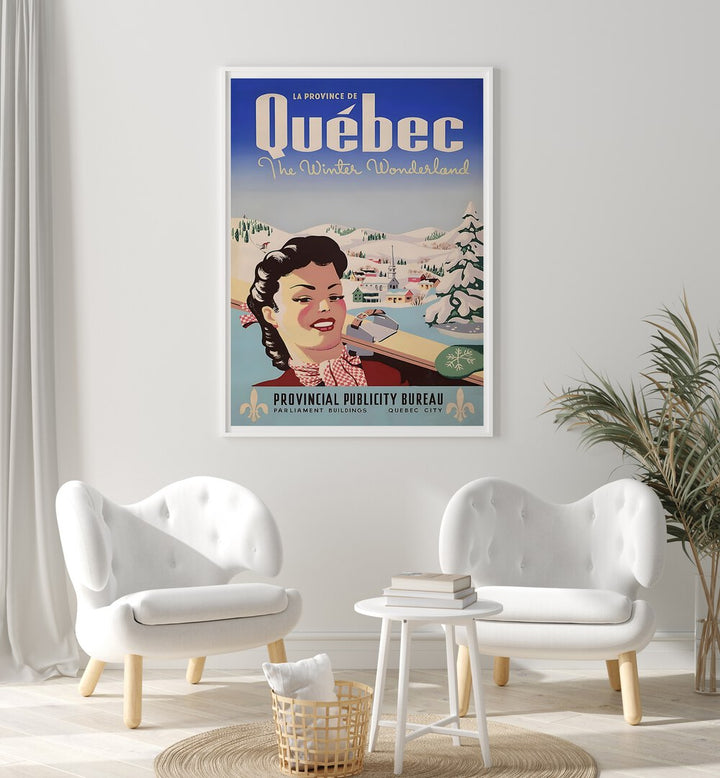Stunning QUEBEC I, VINTAGE TRAVEL POSTERS showcasing Quebec's winter charm, perfect for travel enthusiasts.
