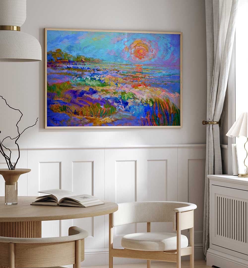 ArtLumen VIVID HORIZON GLOW , LANDSCAPE PAINTINGS with radiant sunrise and vibrant coastal meadow colors