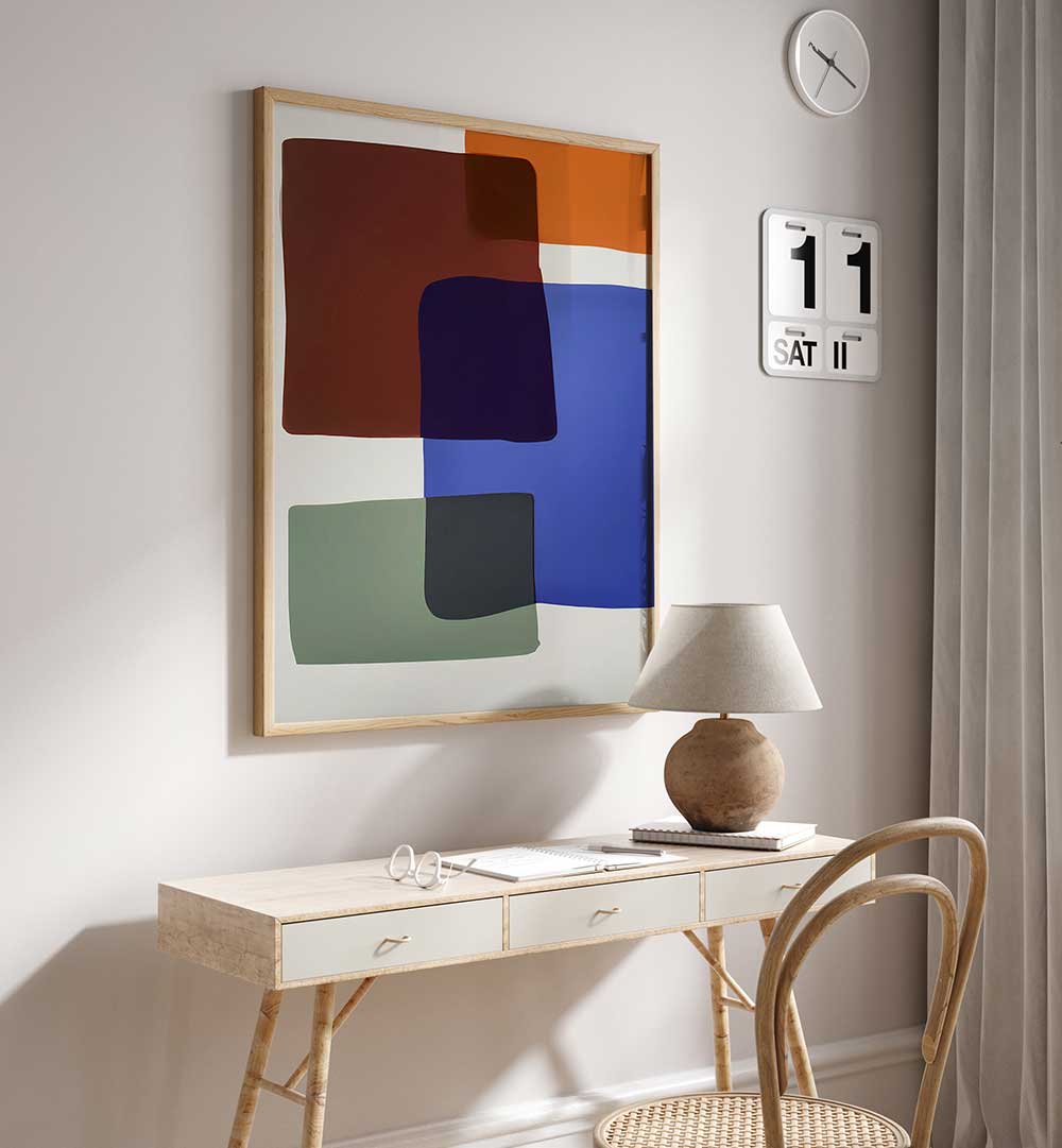 OUT OF THE BOX, ABSTRACT PAINTINGS with bold color blocks enhance modern decor in a bright, stylish living space.