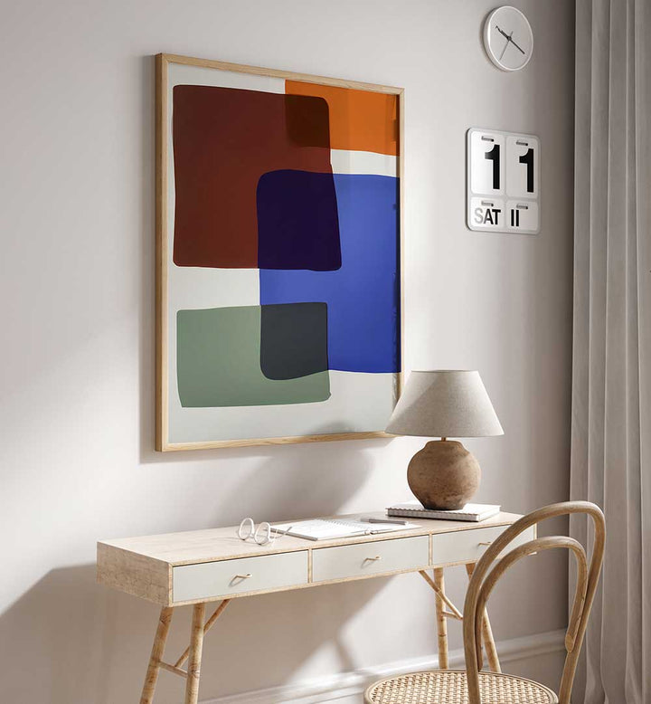 OUT OF THE BOX, ABSTRACT PAINTINGS with bold color blocks enhance modern decor in a bright, stylish living space.