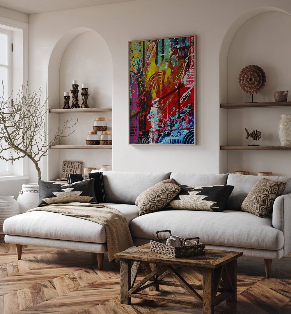 Vibrant BRONXFITTI II, ABSTRACT PAINTINGS adorns a modern living space, enhancing its artistic appeal.