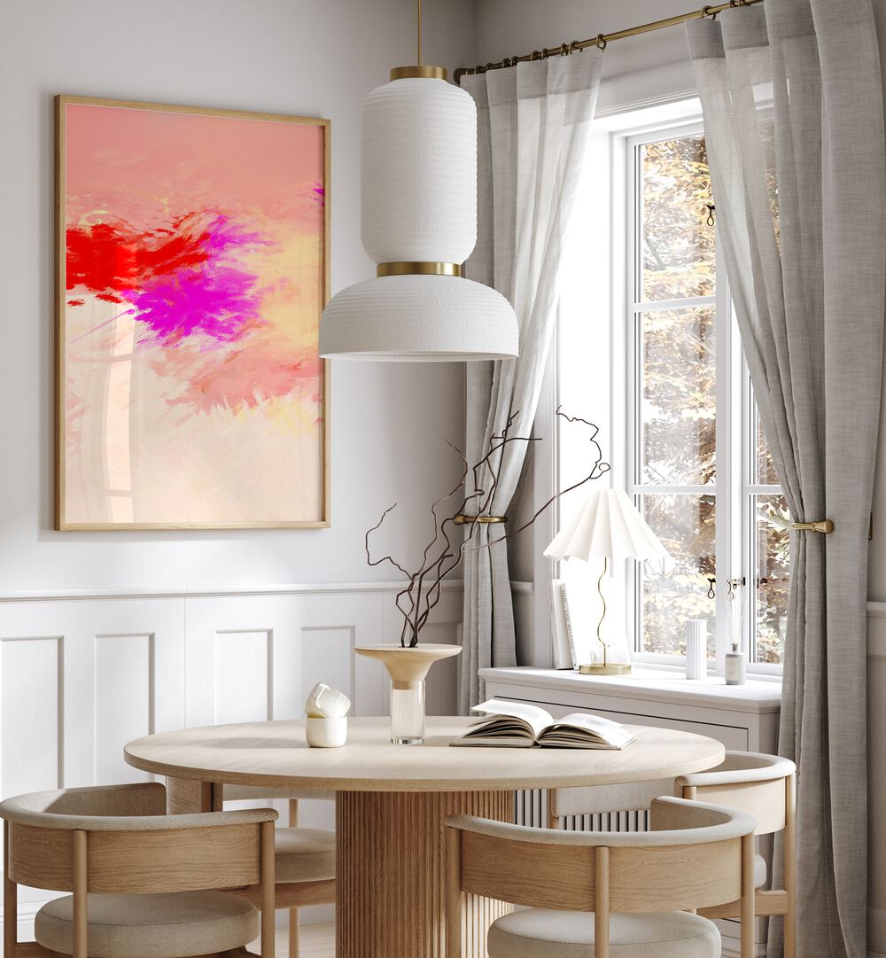 Stylish interior featuring TORRID DAY I, ABSTRACT PAINTINGS, enhancing the modern dining space with vibrant colors.