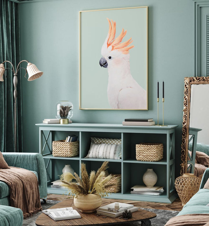 Stunning COCKATOO ON MINT, ANIMAL PAINTINGS artwork brightens any space with its elegant design and vibrant colors.
