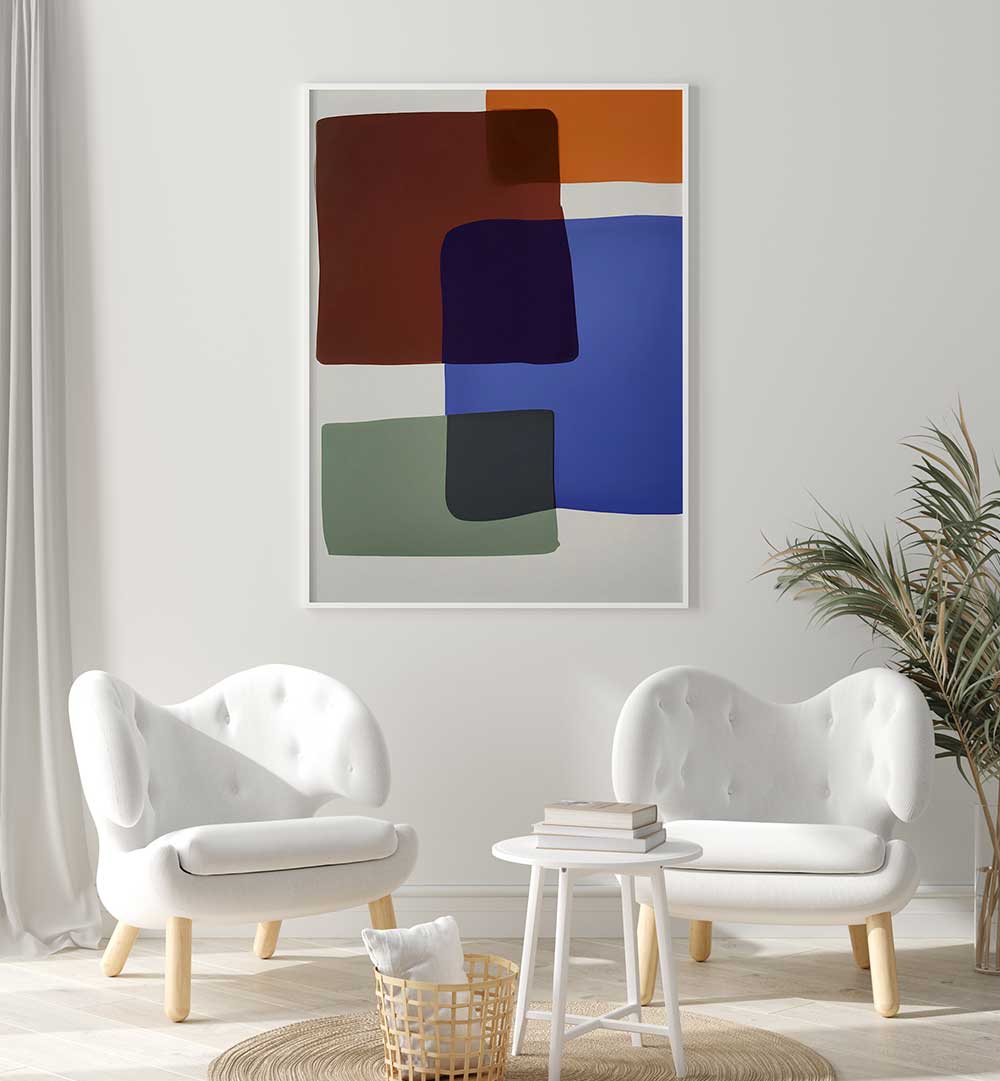 Modern living room featuring OUT OF THE BOX, ABSTRACT PAINTINGS with bold color blocks by Artistry Home.