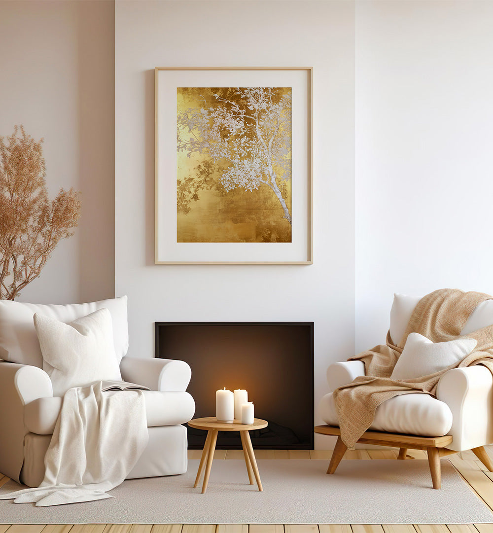 WHITE AND GOLD NATURE LANDSCAPE V , FLORAL FLOWER PAINTINGS