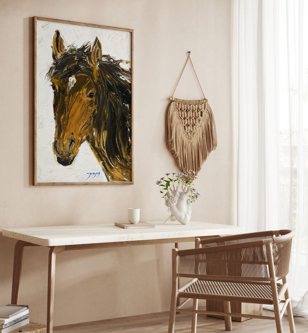 Elegant HORSE, ANIMAL PAINTINGS adorn a stylish room, showcasing the beauty of equine art in modern decor.