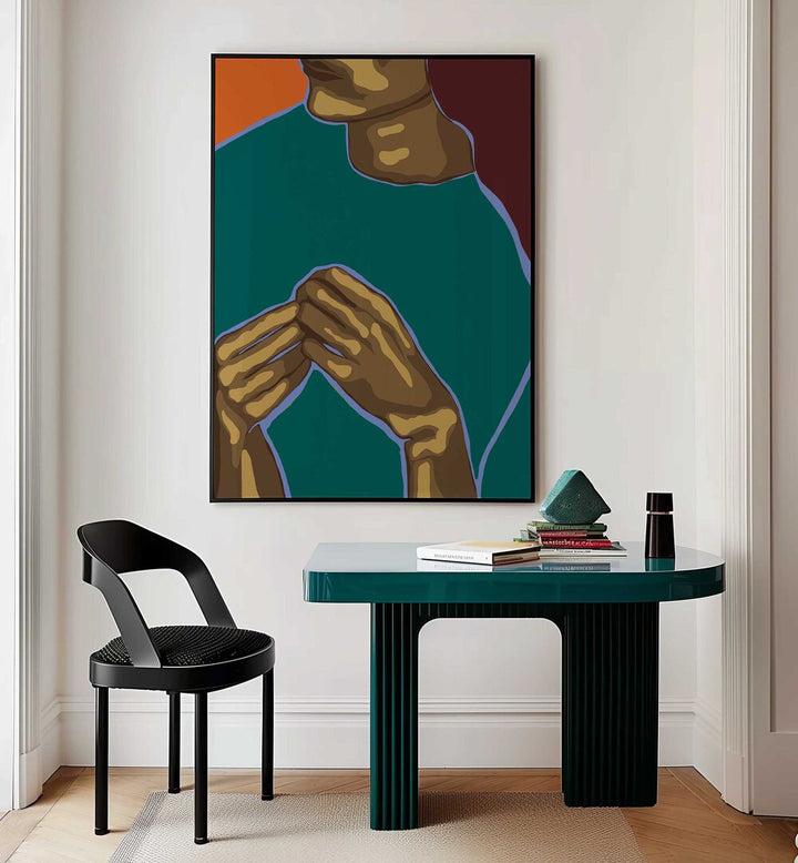 Stylish interior featuring UNCRAZY, PORTRAITS artwork, showcasing expressive hands in vibrant colors and design.
