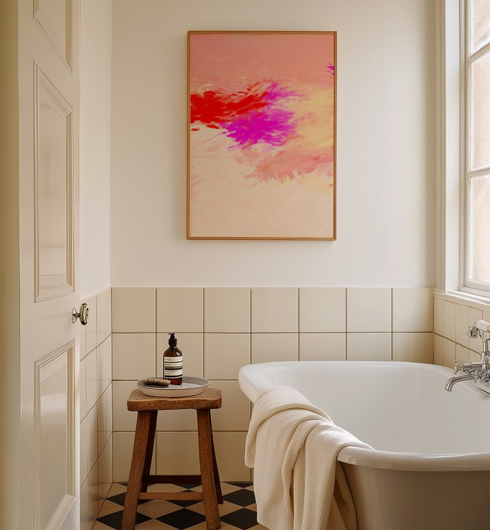 Bright and vibrant TORRID DAY I, ABSTRACT PAINTINGS artwork enhances this stylish bathroom decor. Perfect for any space.