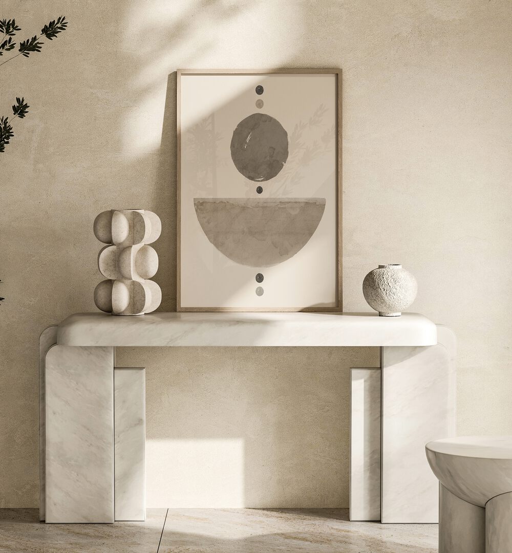 Stylish MOCHA MIRAGE, GEOMETRIC ART PRINTS displayed on a modern console table, enhancing minimalist decor.
