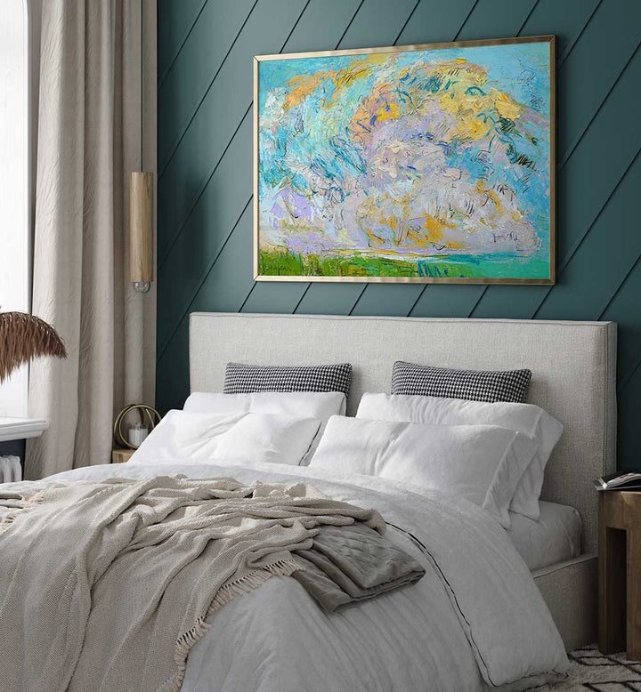 Framed WHIMSICAL CLOUDSCAPE , LANDSCAPE PAINTINGS above bed — abstract pastel clouds and textured horizons in a cozy bedroom